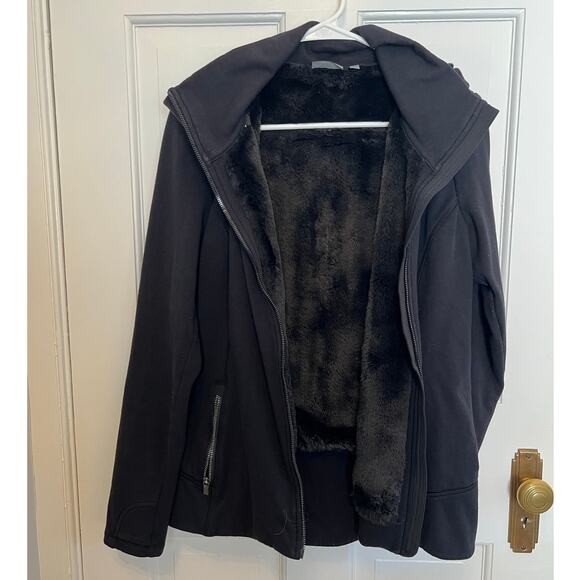 Athleta Women's M Black Zip Up Hoodie Faux Fur Lined Cozy Jacket Thumb Holes - Picture 4 of 13